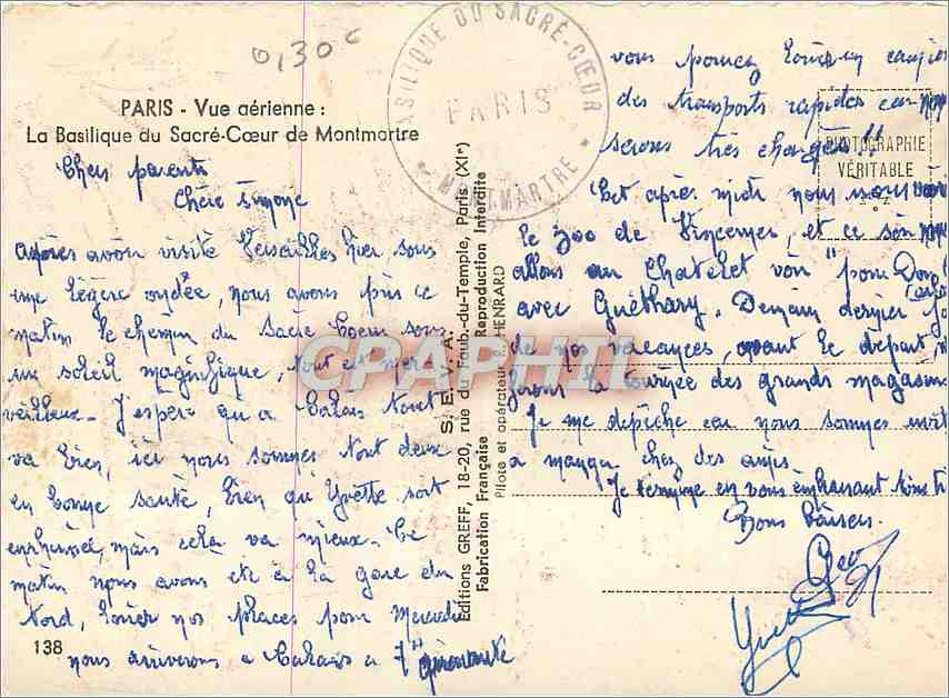 Basilika des Heiligen Herzens von Montmartre — Luftbild — Editions GREFF, Paris — Rückseite