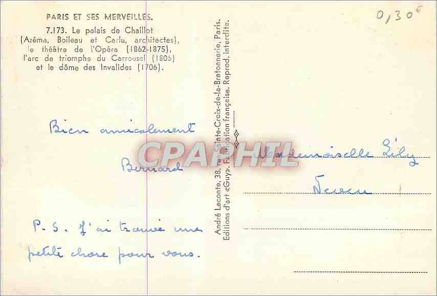 CPM Paris Le Palais de Chaillot le theatre de l'Opera larc de triomphe du Carrousel et le dome des I — Rückseite