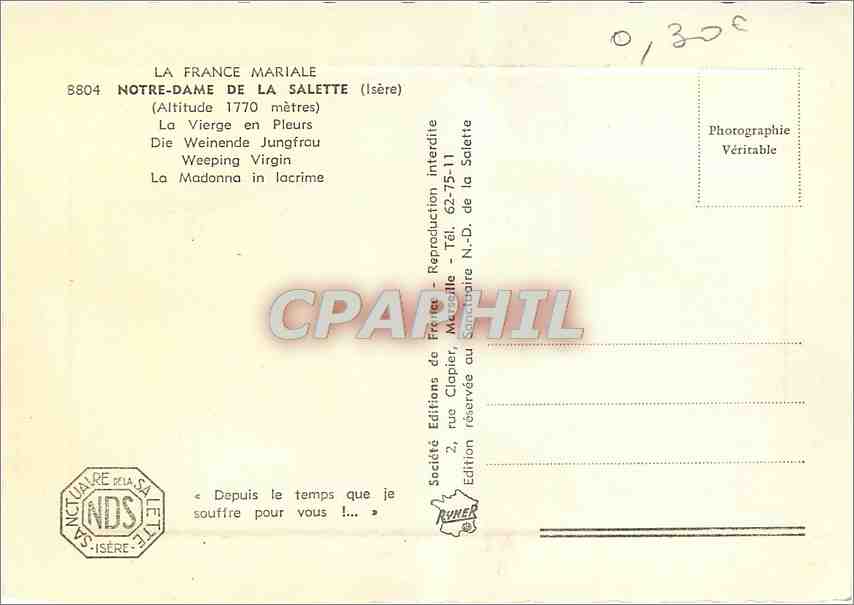 Notre-Dame de la Salette — statue en pleurs — Société Française Mariale, n° B804 — Verso