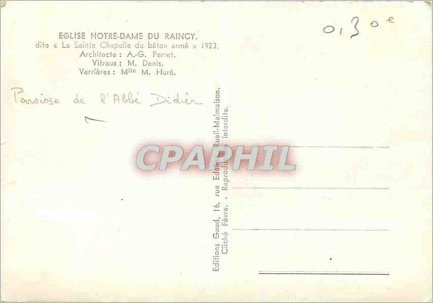 CPM Eglise Notre Dame du Raincy dite La Sainte Chapelle du beton arme  — Rückseite