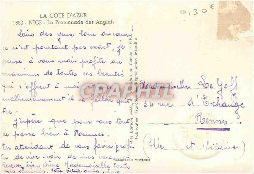 CPM La Cote d'Azur Nice La Promenade des Anglais  — Verso