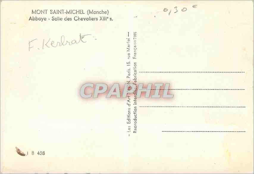 CPM Mont Saint Michel Manche Abbaye Salle des Chevaliers  — Verso