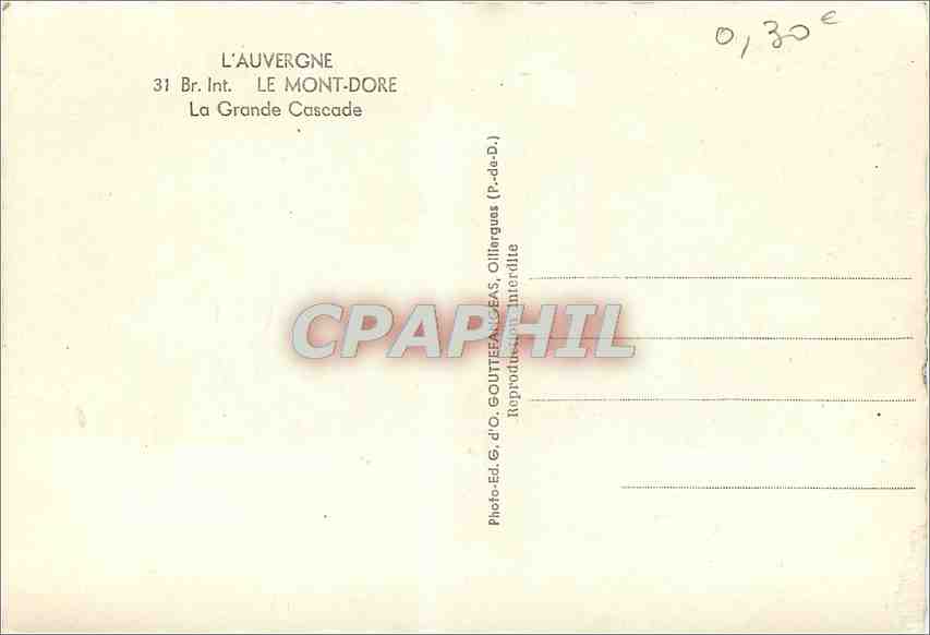 CPM L'Auvergne Le Mont Dore La Grande Cascade  — Verso