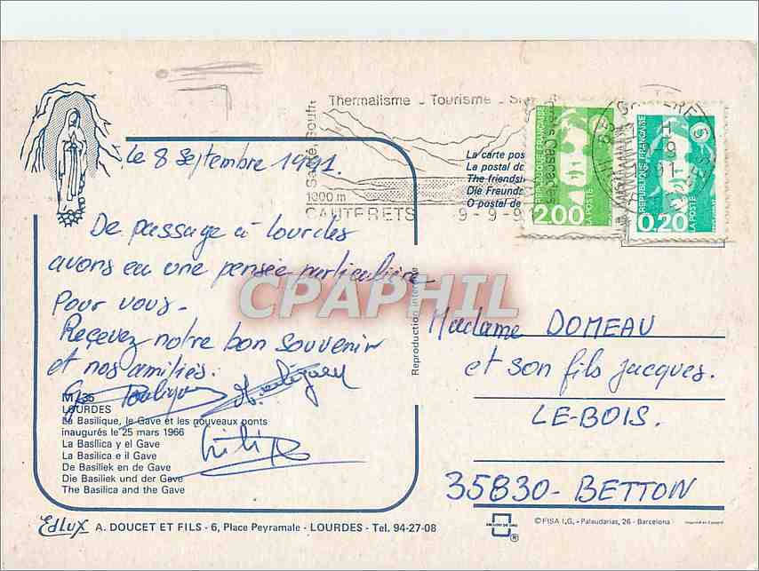 CPM Lourdes La Basilique le Gave et les nouveaux ponts  — Verso