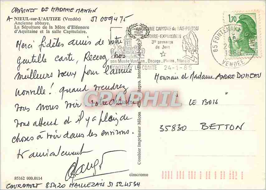 CPM Nieul sur l'Autize Vendee Ancienne abbaye La Sepulcture de la Mere d'Eleonore  — Rückseite