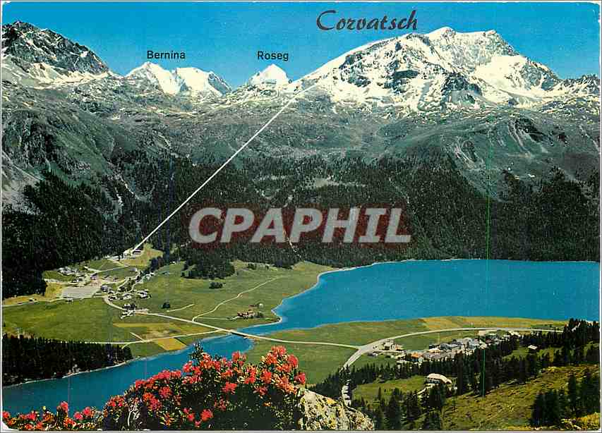 CPM Silvaplana Surlej mit Luftseilbahn Piz Corvatsch und Berninagruppe 