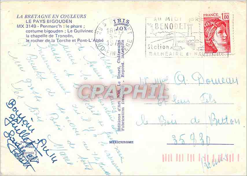 CPM Le Pays Bigouden Penmarch le phare costume bigouden Le Guilvinec la chapelle de Tronoen  — Rückseite