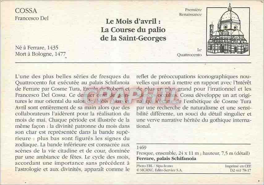 CPM Cossa Le Mois d'avril La Course du palio de la Saint Georges Ferrare palais Schifanoia  — Verso