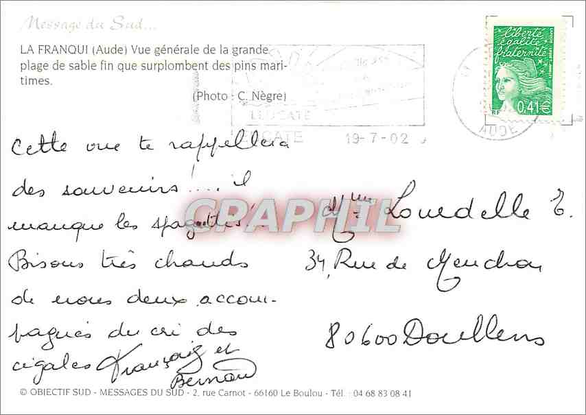 CPM La Franqui Aude Vue generale de la grande plage de sablie fin que surplombent des pins maritimes — Rückseite