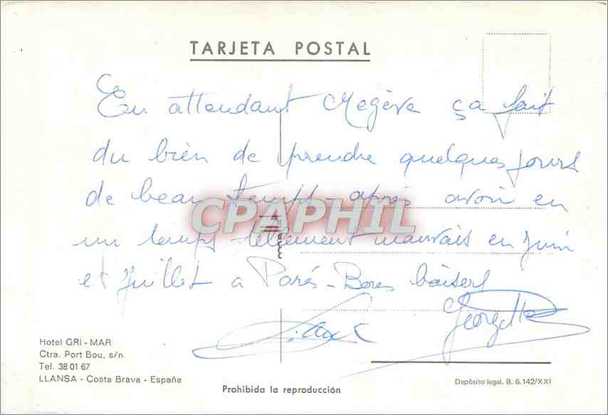 CPM Hotel Gri Mar Llansa Costa Brava Espana  — Rückseite