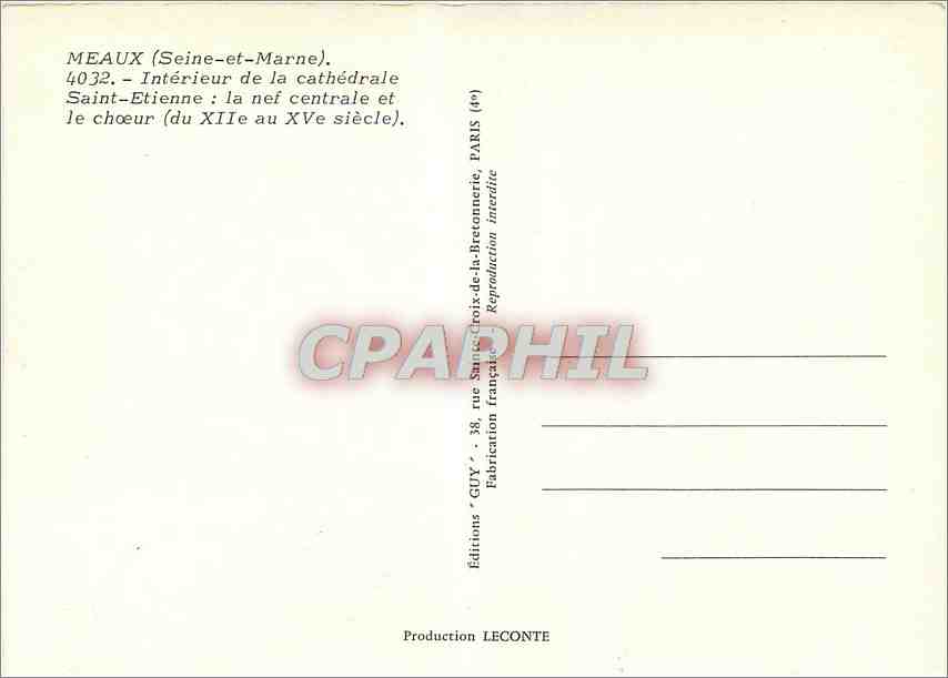 CPM Meaux Seine et Marne Interieur de la Cathedrale Saint Etienne la nef centrale et le choeur  — Verso