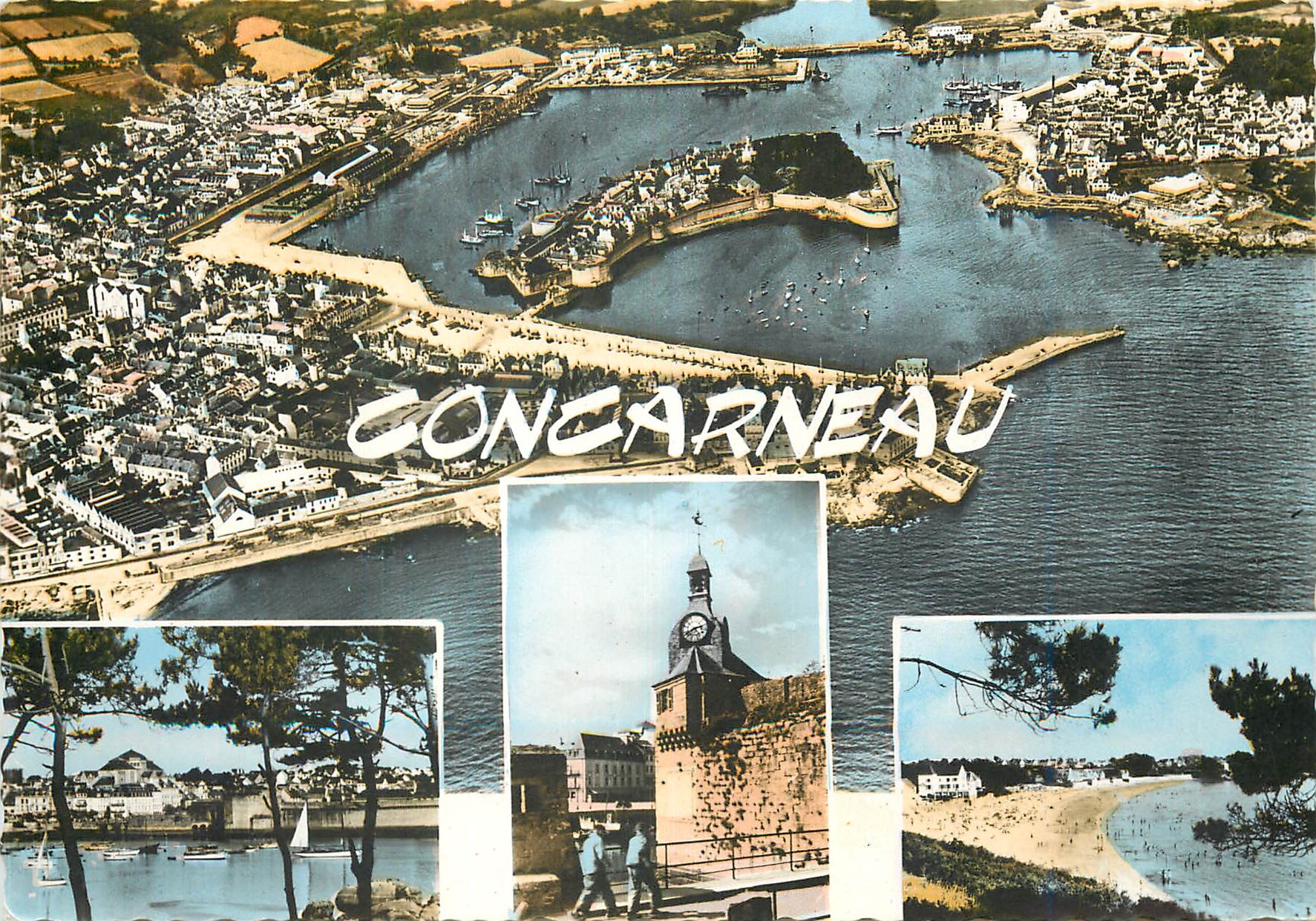 CPM Concarneau Vue aerienne Vue generale Beffroi de la Ville Close La Plage 