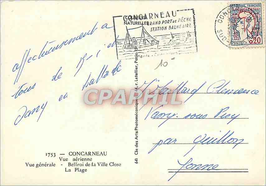 CPM Concarneau Vue aerienne Vue generale Beffroi de la Ville Close La Plage  — Rückseite