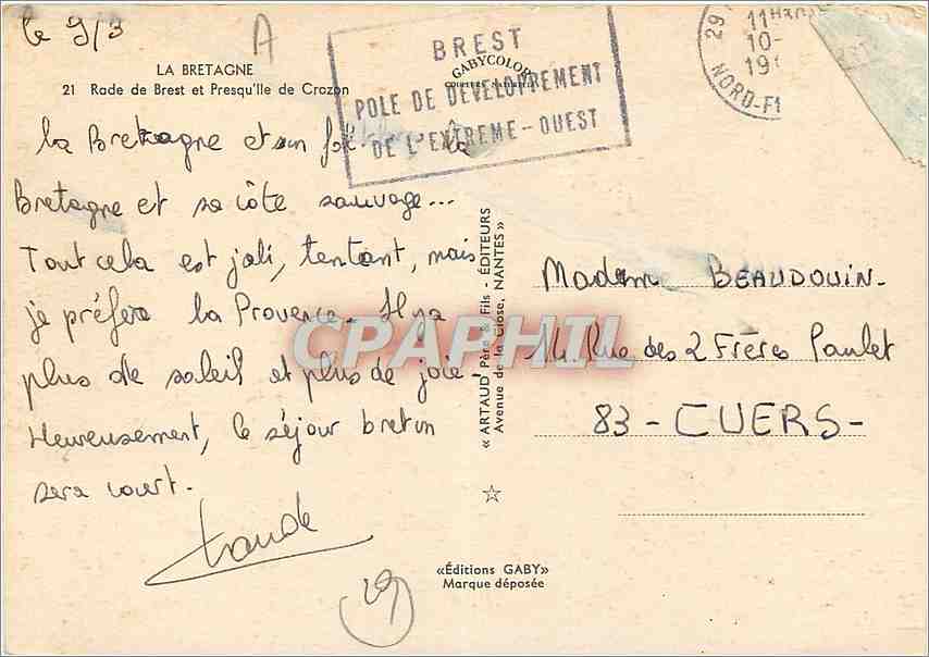 CPM La Bretagne Rade de Brest et Presqu'ile de Crozon Bateau — Rückseite