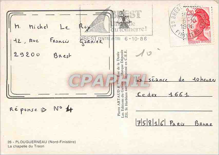 CPM Plouguerneau Nord Finistere La Chapelle du Traon  — Rückseite
