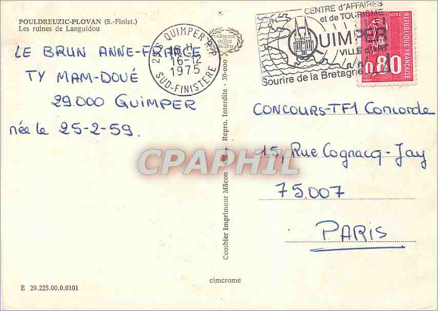 CPM Pouldreuzic Plovan S Finist Les ruines de Languidou  — Back