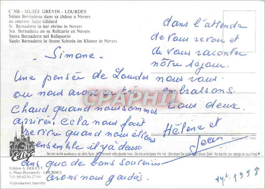 CPM Musee Grevin Lourdes Sainte Bernadette dans sa chasse a Nevers au couvent Saint Gildard  — Verso