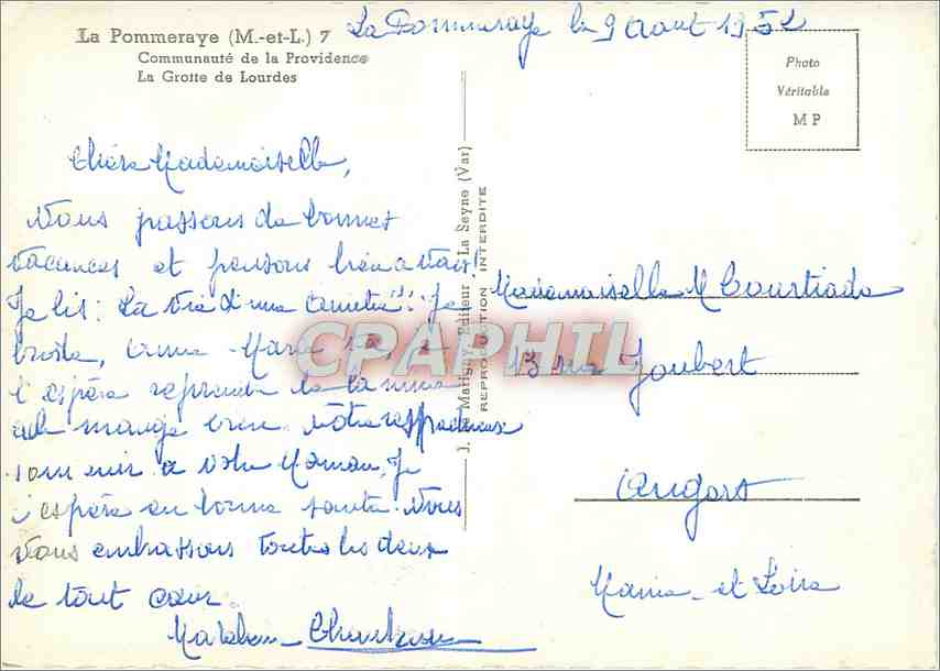 CPM La Pommeraye M et L Communaute de la Providence La Grotte de Lourdes  — Back