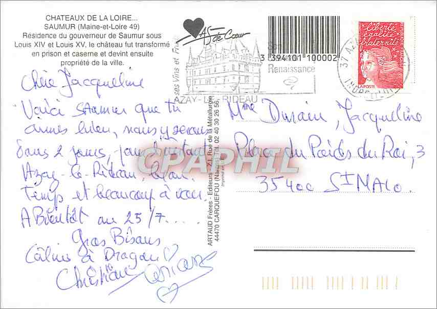 CPM Chateaux de la Loire Saumur Maine et Loire  — Rückseite