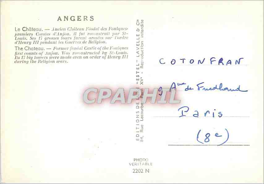 CPM Angers Le Chateau Ancien Chateau Feodal des Foniques premiers Comtes d'Anjou  — Rückseite