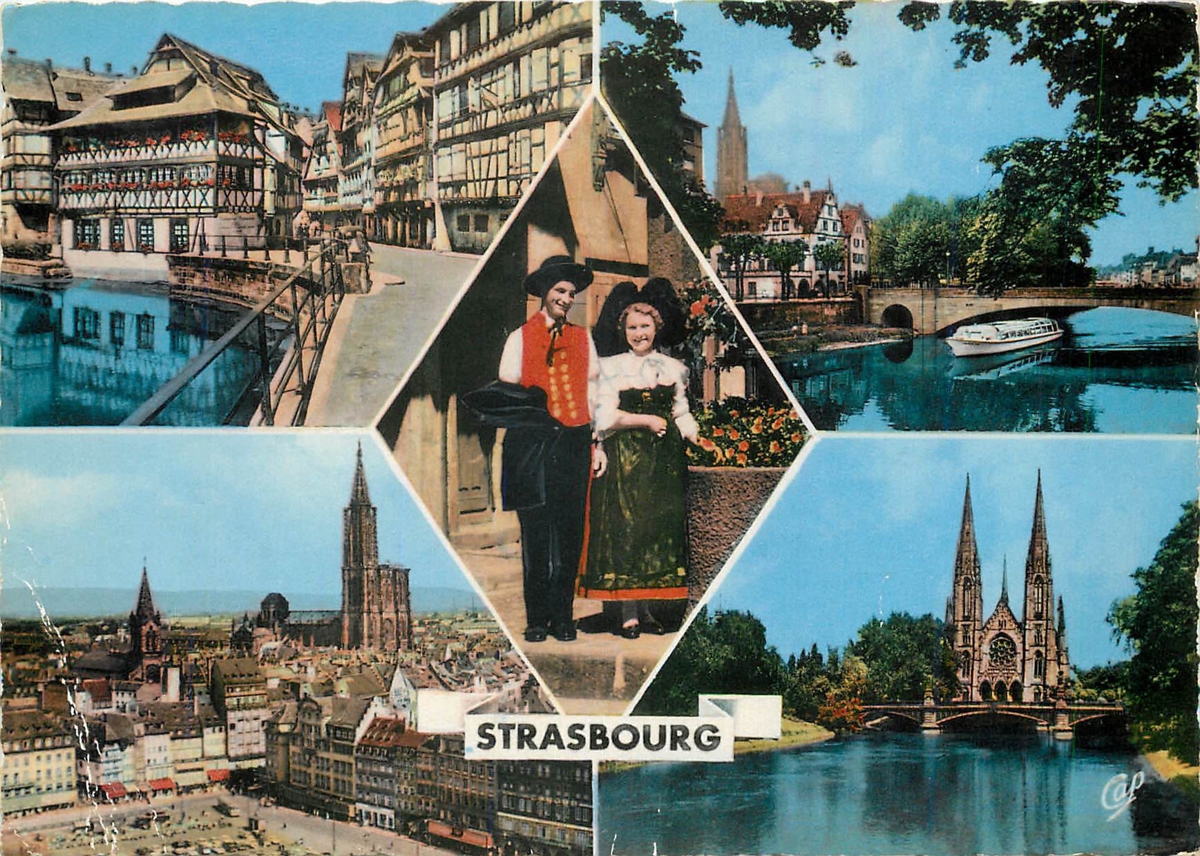 CPM Strasbourg Bain aux Flantes Pont St Nicolas Couple Alsacien Place Kleber Eglise St Paul 