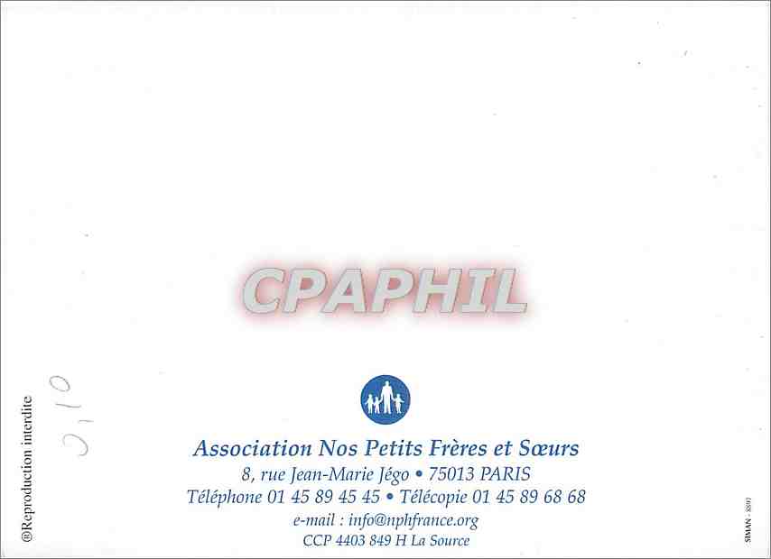 CPM Association Nos Petits Freres et Soeurs rue Jean Marie Jego Paris  — Rückseite