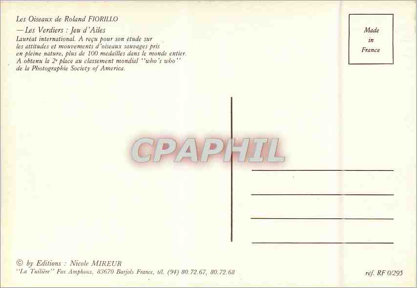 CPM Les Oiseaux de Roland Fiorillo Les Verdiers Jeu d'Ailes  — Rückseite