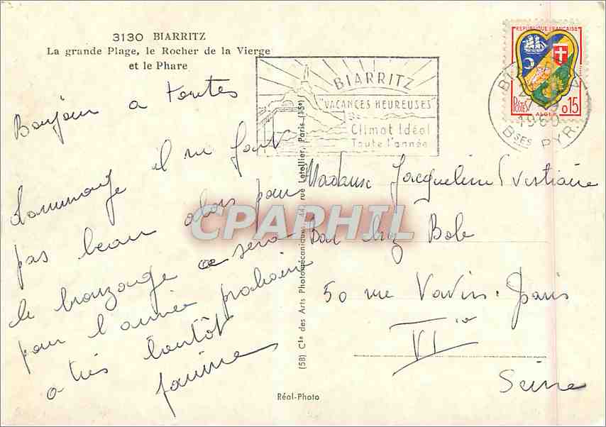 Biarritz — La grande Plage, le Rocher de la Vierge et le Phare — Cts des Arts, Réal-Photo, n° 3130 — Rückseite