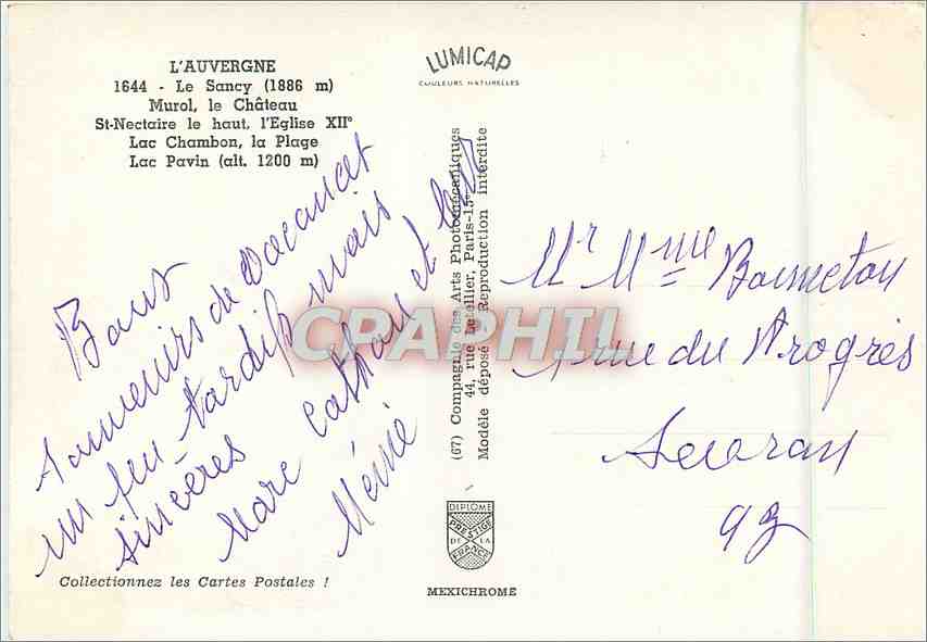 CPM Souvenir l'Auvergne Murol le château St Nectaire — Verso