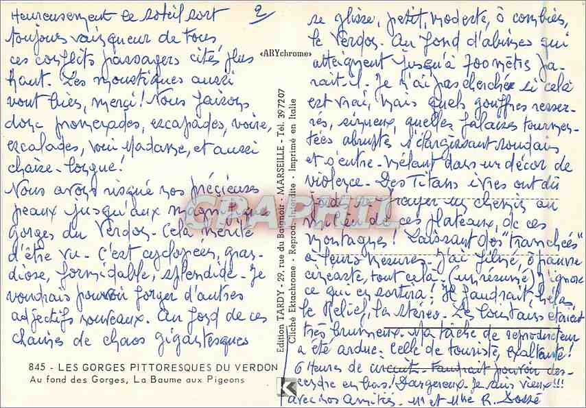 Les Gorges Pittoresques du Verdon — La Baume aux Pigeons — Édition Tardy — Verso