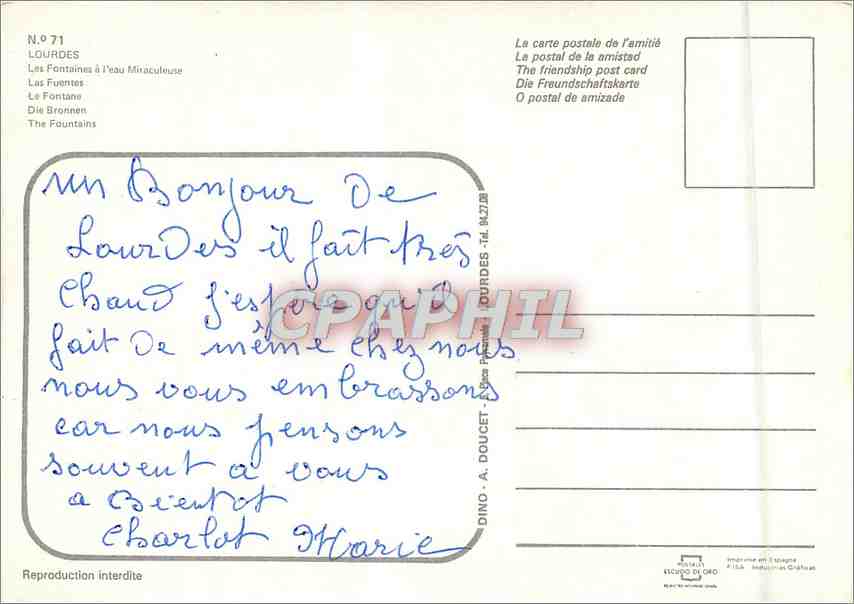 CPM Lourdes Les Fontaine  — Verso