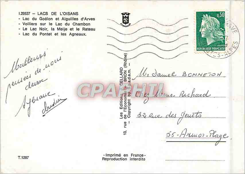 CPM Lacs de l'Oisans Lac du Goelon et Aiguilles d'Arves  — Rückseite