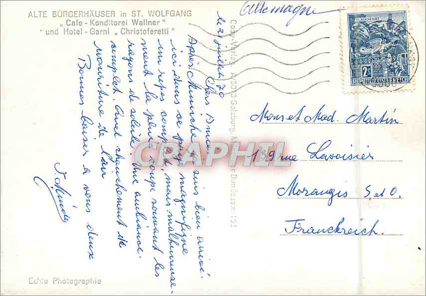 St. Wolfgang am See — Hôtel Garni Christoforetti et Café Wallner — Éditeur : Echte Photographie, n° 184 — Verso