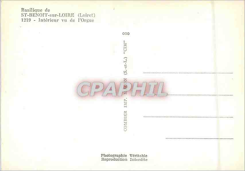 CPM Basilique de St Benoit sur Loire Loiret Interieur vu de l'Orgue  — Rückseite
