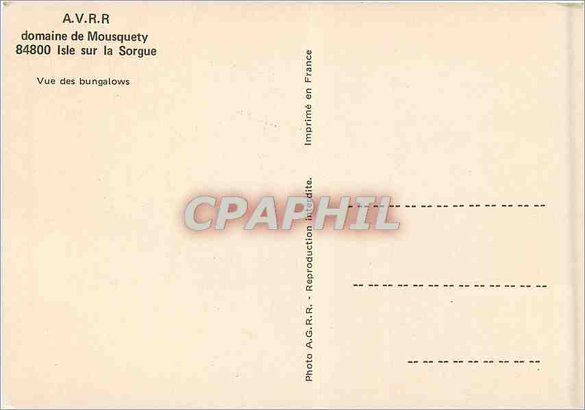 Domaine de Mousquety — Vue des bungalows — A.V.R.R. 84800 Isle sur la Sorgue — Verso