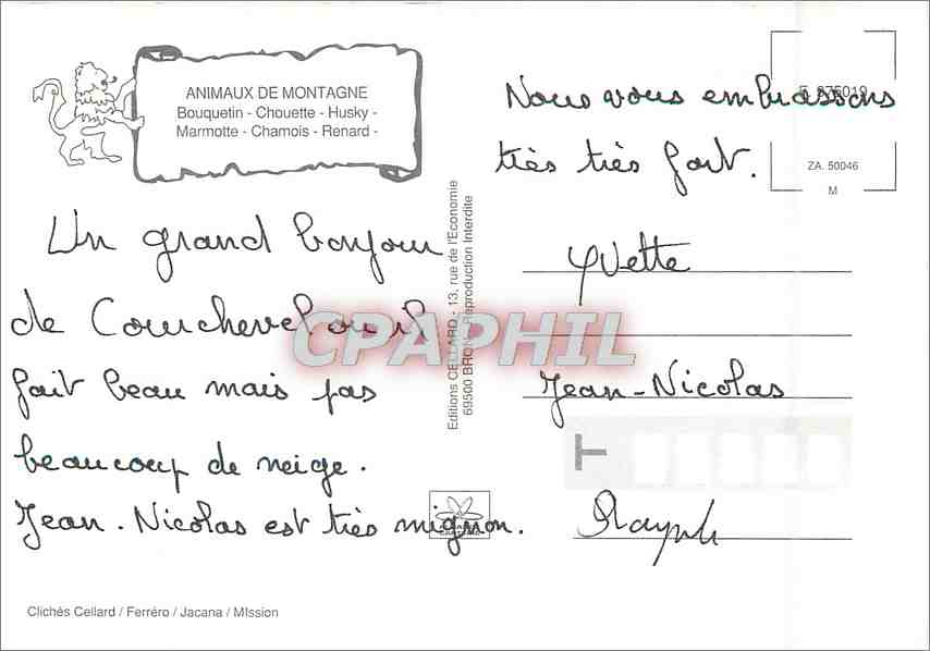 CPM Animaux de Montagne Bouquetin Chouette Husky Marmotte Chamois Renard — Rückseite