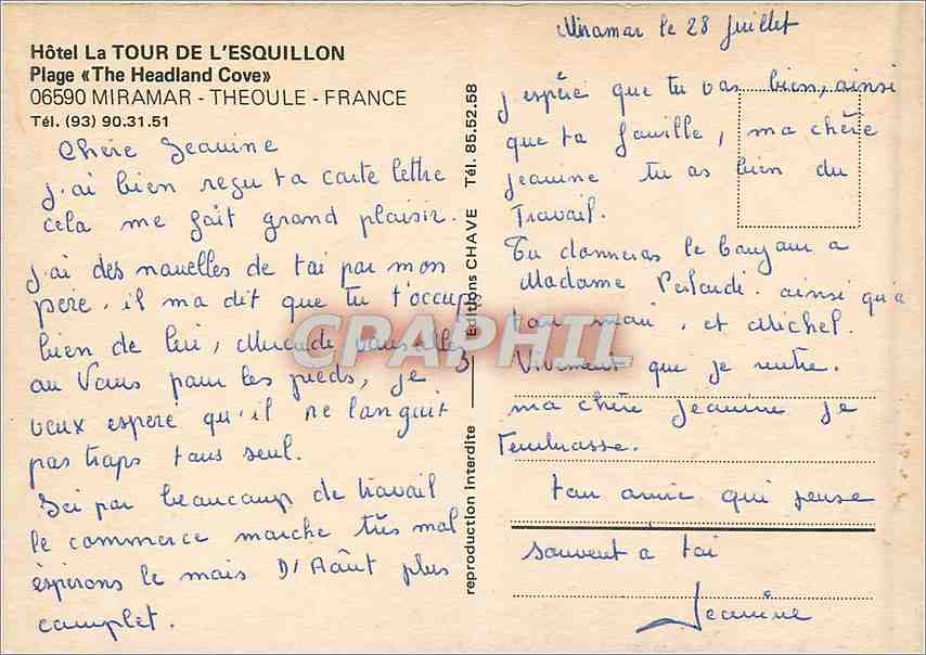 CPM Hotel La Tour de l'Esquillon Plage Miramar Theoule France  — Verso