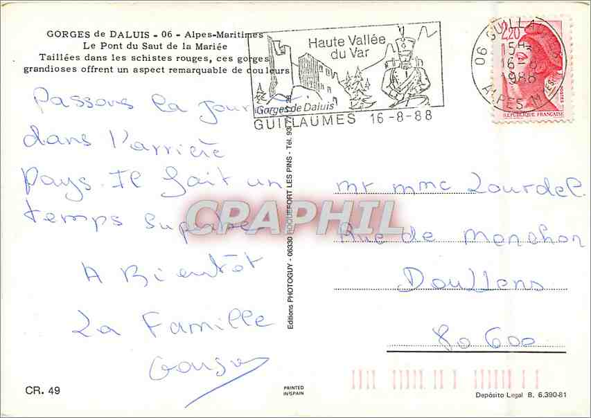 CPM Gorges de Daluis Alpes Maritimes Le Pont du Saut de la Mariee  — Rückseite