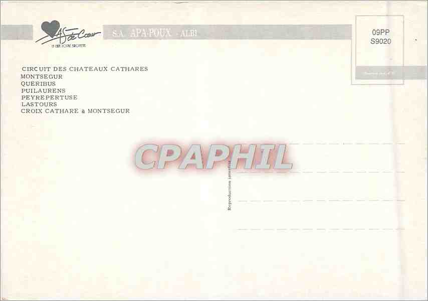 CPM Chateaux Cathares Montsegur Queribus Puilaurens Peyrepertuse Mastours Croix cathare — Back