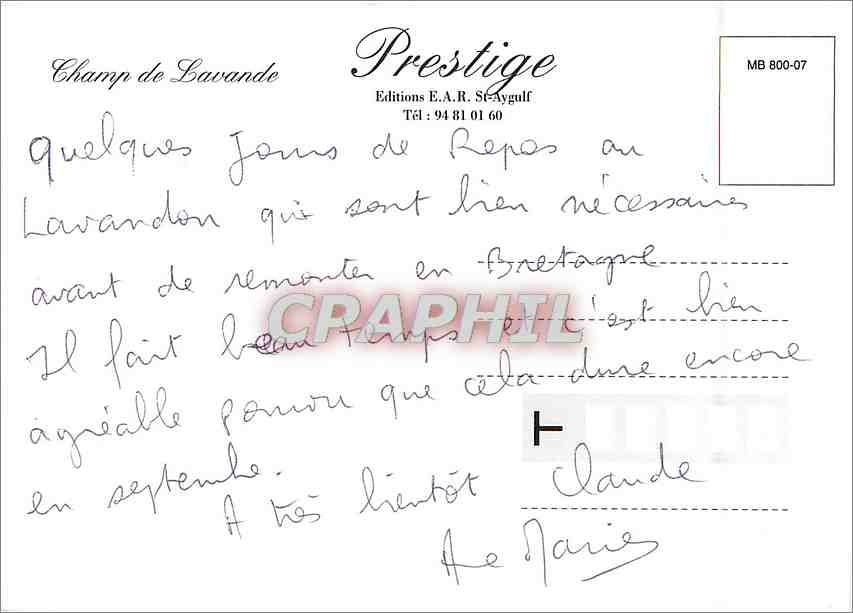 Champ de Lavande — La Provence — Prestige Éditions E.A.R. St-Aygulf, n° MB 800-07 — Back