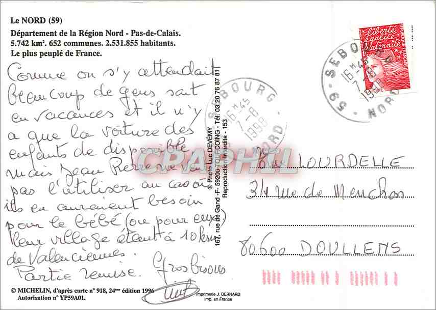 CPM Le Nord Departement de la Region Nord Pas de Calais  — Rückseite
