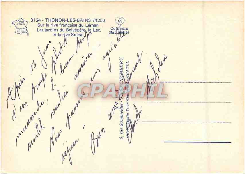 CPM Thonon les Bains Sur la rive Francaise du Leman Les Jardins du Belvedere le Lac et la rive Suiss — Verso