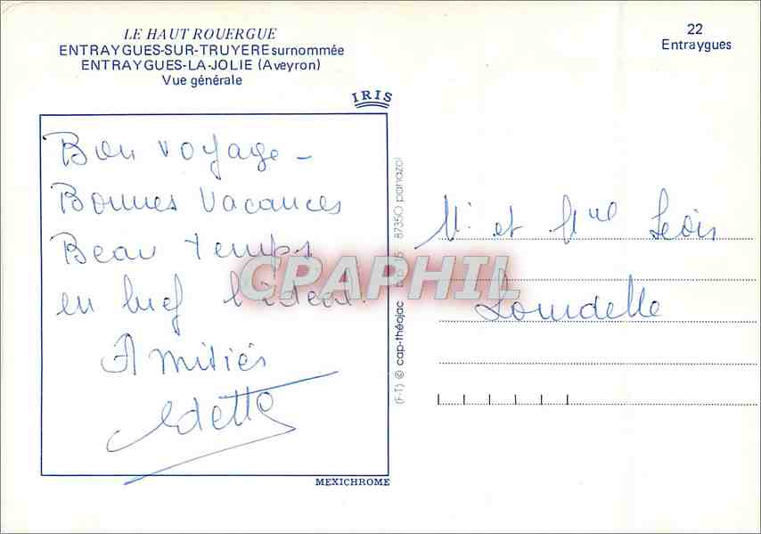 CPM Le Haut Rouergue Entraygues sur Truyere surnommee Entraygues La Jolie Aveyron Vue generale  — Rückseite