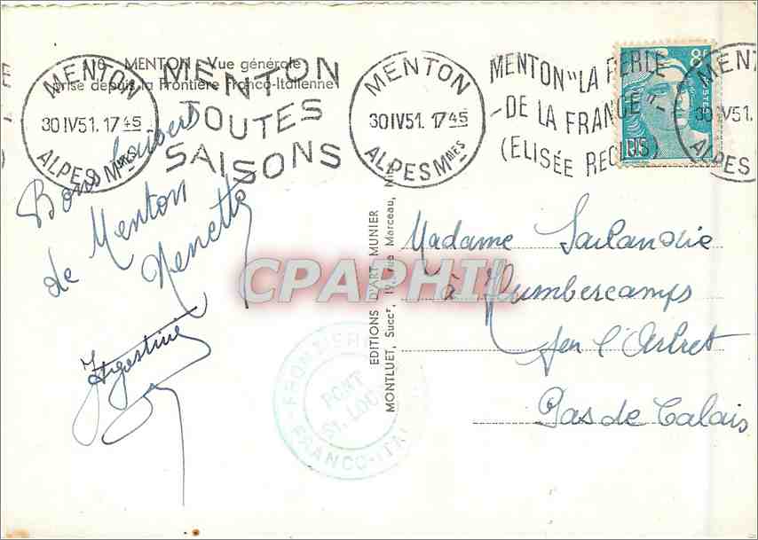 CPM Menton Vue generale prise depuis la Frontiere Franco Italienne  — Rückseite