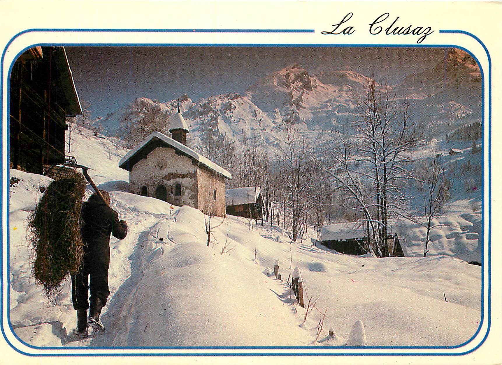 La Clusaz — scène champêtre enneigée — Editions Révalp, photographie JP Fecci