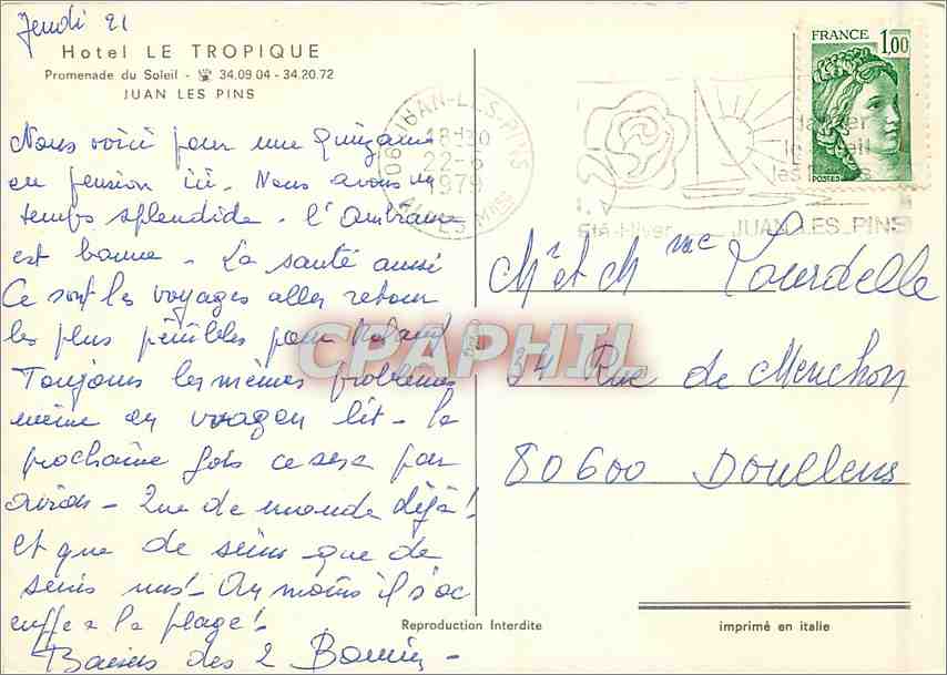 CPM Hotel Le Tropique Promenade du Soleil Juan les Pins  — Rückseite
