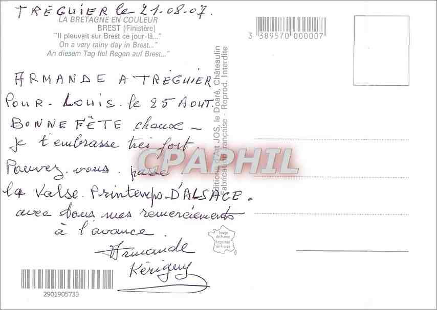CPM Couleurs de Bretagne Brest (Finistere) — Verso