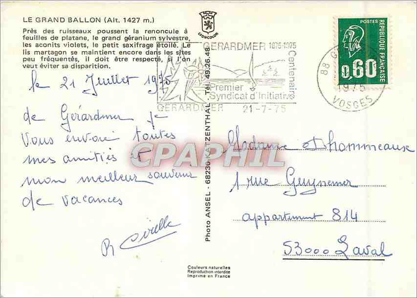 CPM Grand Ballon (alt 1427 m) Pres des ruisseaux — Rückseite