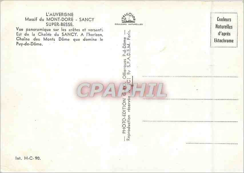 CPM L'Auvergne Massif du Mont Dire Sancy Super Besse — Verso