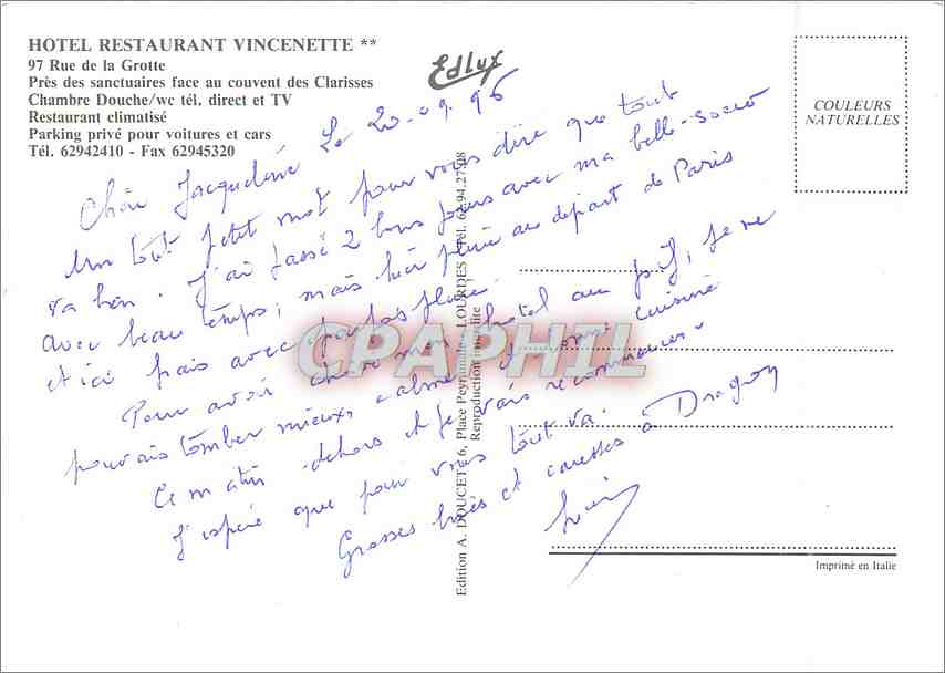 CPM Lourdes Hotel Vincenette — Verso